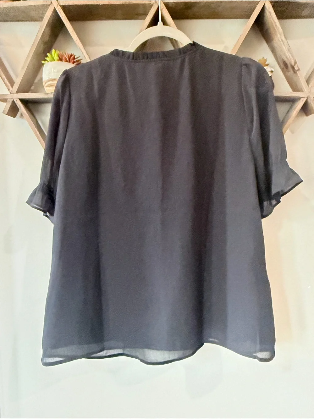 NWT J. Crew Factory black short-sleeve ruffleneck top. Size large. - Picture 2 of 7